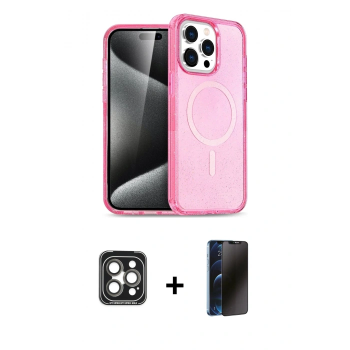 MARSİLYAN™- iPhone 15 Pro Max Kılıf Eksen Doku Koleksiyonu - Siyah 3D Antistatik Hayalet Cam Ekran Koruyucu + Gri PVD Metal Kamera Lens