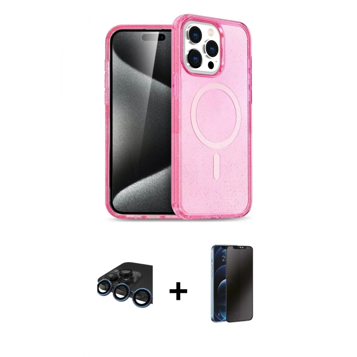 MARSİLYAN™- iPhone 15 Pro Max Kılıf Eksen Doku Koleksiyonu - Siyah 3D Antistatik Hayalet Cam Ekran Koruyucu + Raze Metal Kamera Lens - LT
