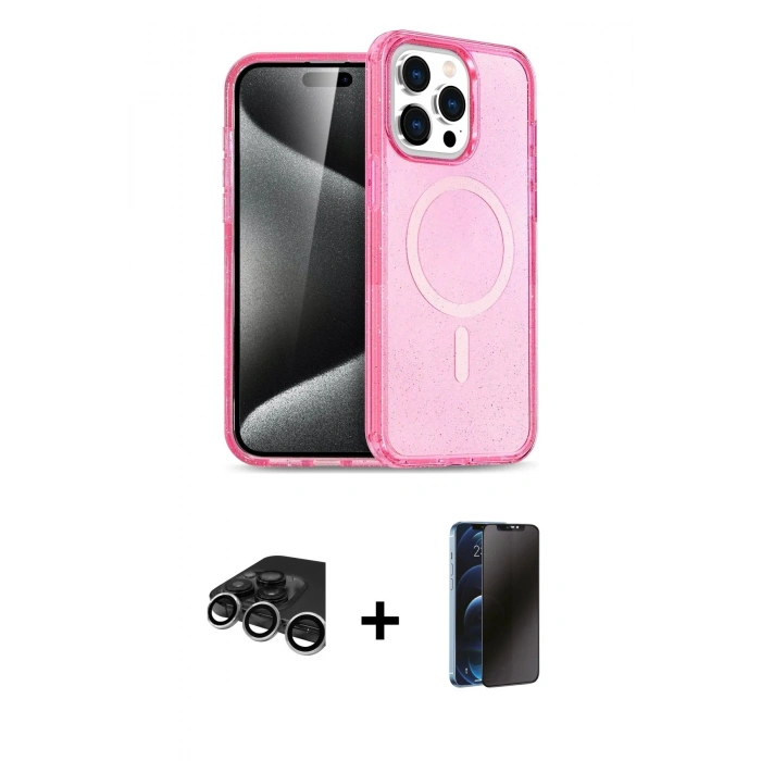 MARSİLYAN™- iPhone 15 Pro Max Kılıf Eksen Doku Koleksiyonu - Siyah 3D Antistatik Hayalet Cam Ekran Koruyucu + Raze Metal Kamera Lens - GS