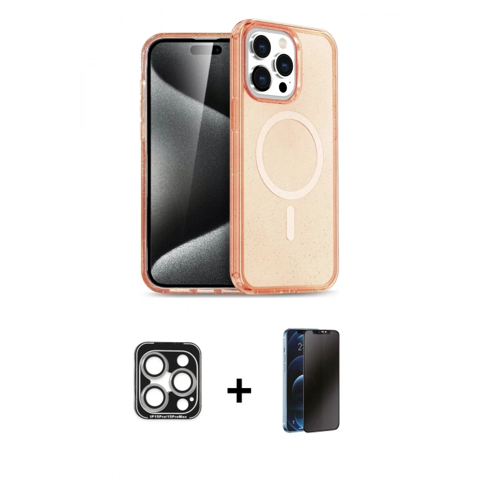 MARSİLYAN™- iPhone 15 Pro Max Kılıf Eksen Doku Koleksiyonu - Siyah 3D Antistatik Hayalet Cam Ekran Koruyucu + PVD Metal Kamera Lens - GS