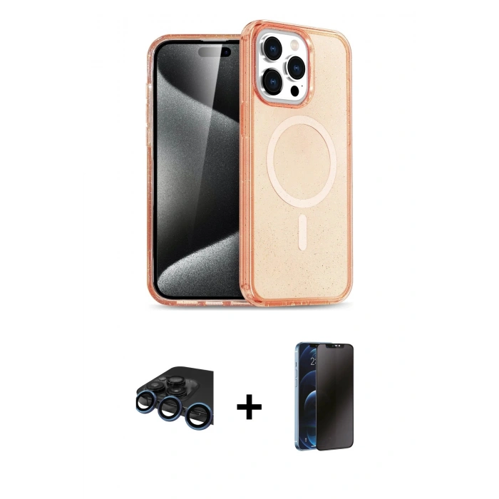 MARSİLYAN™- iPhone 15 Pro Max Kılıf Eksen Doku Koleksiyonu - Siyah 3D Antistatik Hayalet Cam Ekran Koruyucu + Raze Metal Kamera Lens - LT