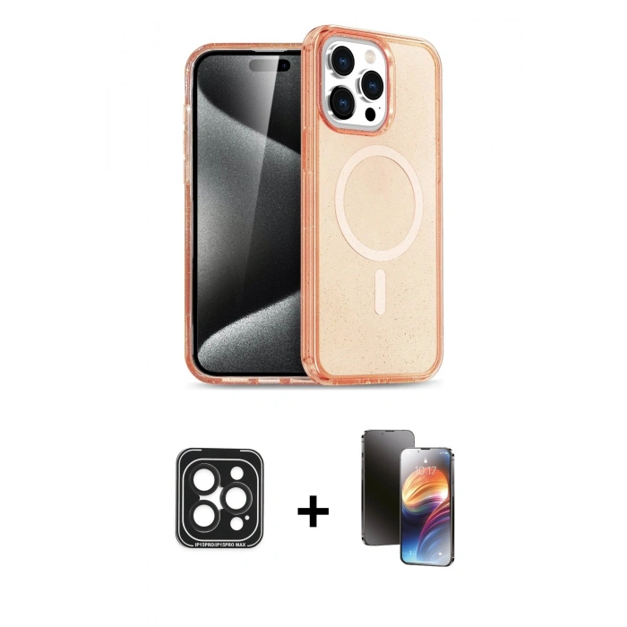 MARSİLYAN™- iPhone 15 Pro Max Kılıf Eksen Doku Koleksiyonu - Siyah 3D Antistatik Mat Seramik Nano Ekran Koruyucu + PVD Metal Kamera Lens - SH