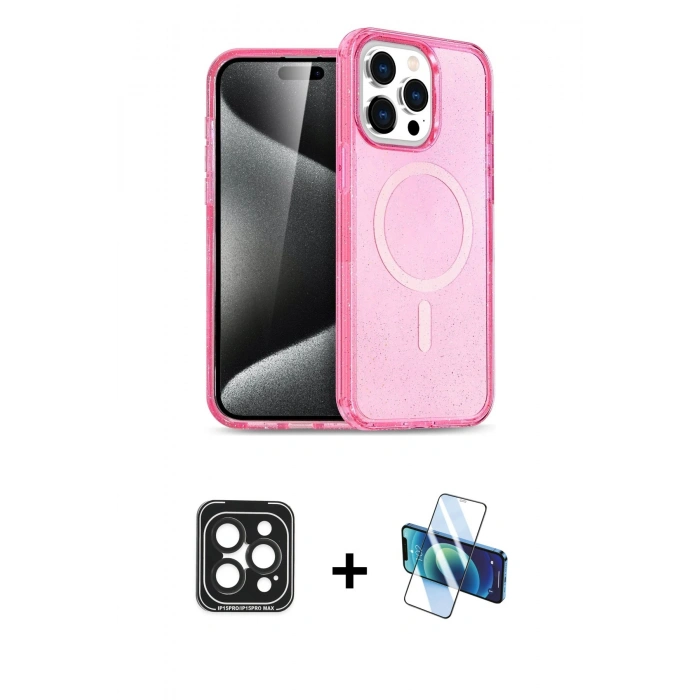 MARSİLYAN™- iPhone 15 Pro Max Kılıf Eksen Doku Koleksiyonu - Siyah 3D Antistatik Seramik Nano Ekran Koruyucu + PVD Metal Kamera Lens - SH