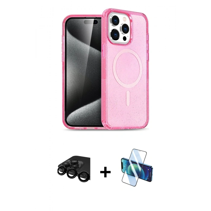 MARSİLYAN™- iPhone 15 Pro Max Kılıf Eksen Doku Koleksiyonu - Siyah 3D Antistatik Seramik Nano Ekran Koruyucu + Raze Metal Kamera Lens - SH