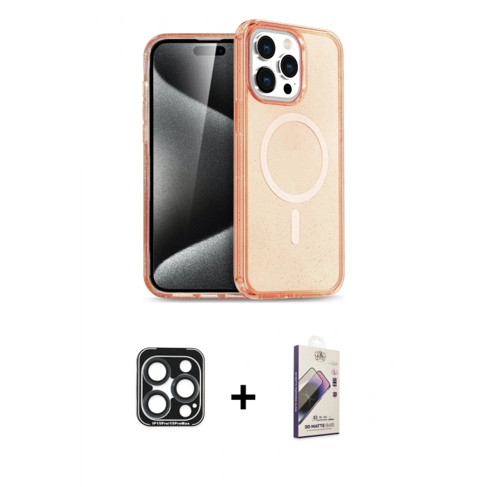 MARSİLYAN™- iPhone 15 Pro Max Kılıf Eksen Doku Koleksiyonu - Siyah Bilvis 3D Mat Cam Ekran Koruyucu + PVD Metal Kamera Lens - LT