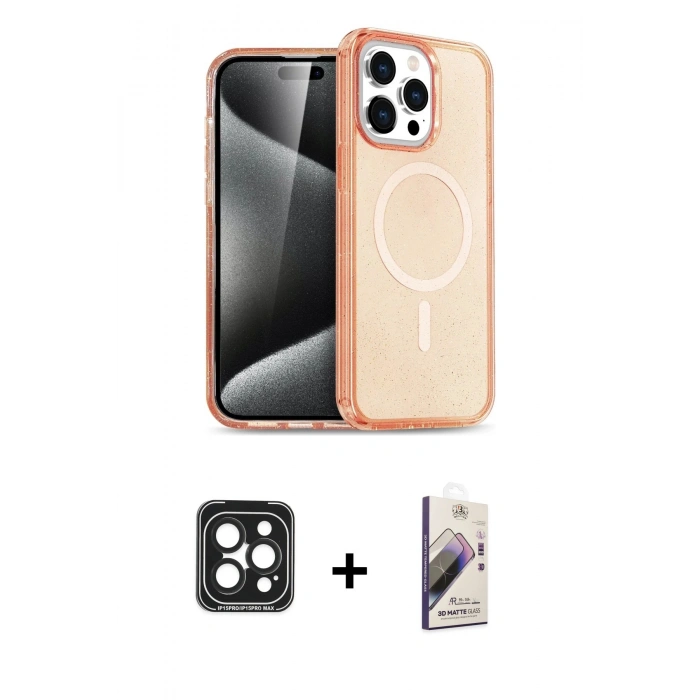 MARSİLYAN™- iPhone 15 Pro Max Kılıf Eksen Doku Koleksiyonu - Siyah Bilvis 3D Mat Cam Ekran Koruyucu + PVD Metal Kamera Lens - SH