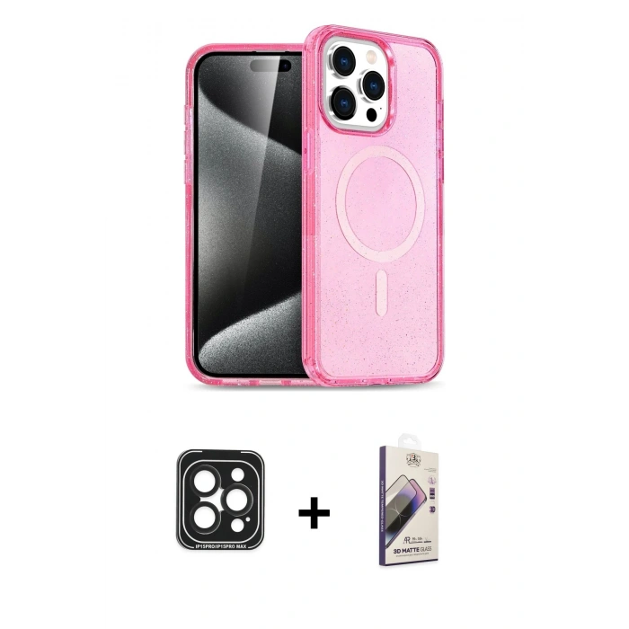 MARSİLYAN™- iPhone 15 Pro Max Kılıf Eksen Doku Koleksiyonu - Siyah Bilvis 3D Mat Cam Ekran Koruyucu + PVD Metal Kamera Lens - SH