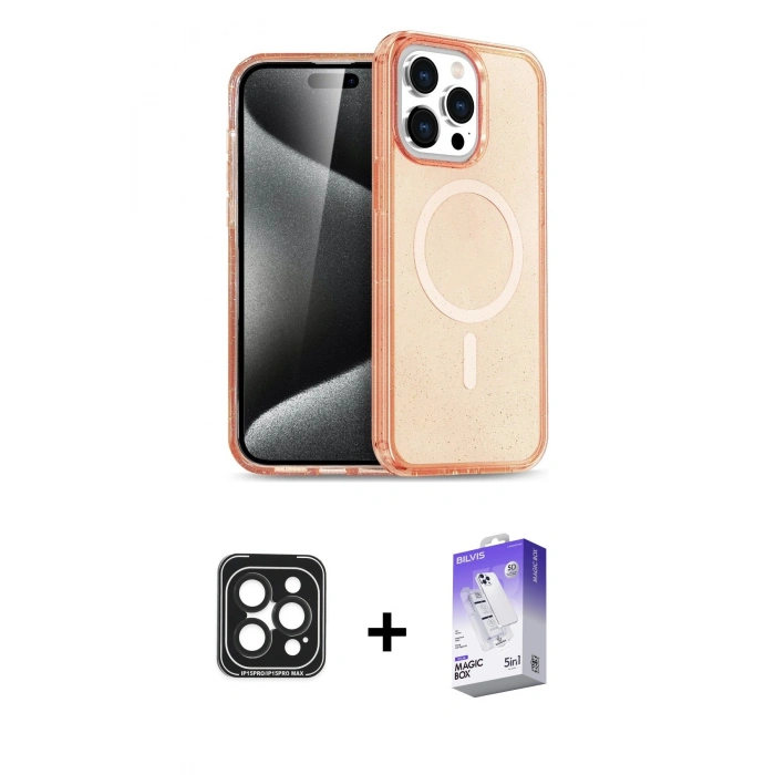 MARSİLYAN™- iPhone 15 Pro Max Kılıf Eksen Doku Koleksiyonu - Siyah Bilvis 5in1 3D Magic Cam Ekran Koruyucu + PVD Metal Kamera Lens - SH