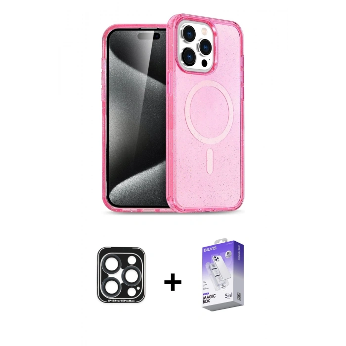 MARSİLYAN™- iPhone 15 Pro Max Kılıf Eksen Doku Koleksiyonu - Siyah Bilvis 5in1 3D Magic Cam Ekran Koruyucu + PVD Metal Kamera Lens - LT