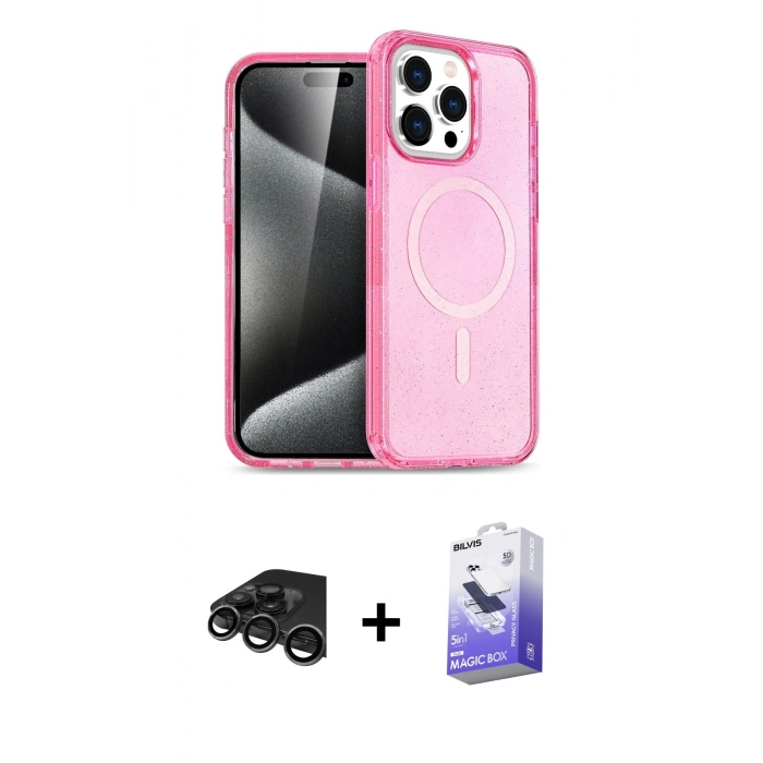 MARSİLYAN™- iPhone 15 Pro Max Kılıf Eksen Doku Koleksiyonu - Siyah Bilvis 5in1 5D Magic Hayalet Cam Ekran Koruyucu + Raze Metal Kamera Lens - TMGI
