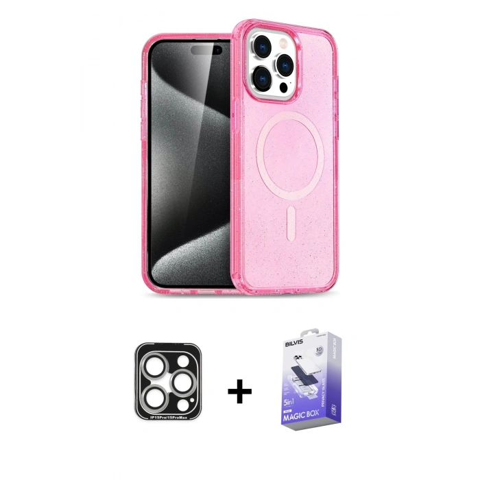 MARSİLYAN™- iPhone 15 Pro Max Kılıf Eksen Doku Koleksiyonu - Siyah Bilvis 5in1 5D Magic Hayalet Cam Ekran Koruyucu + PVD Metal Kamera Lens - GS