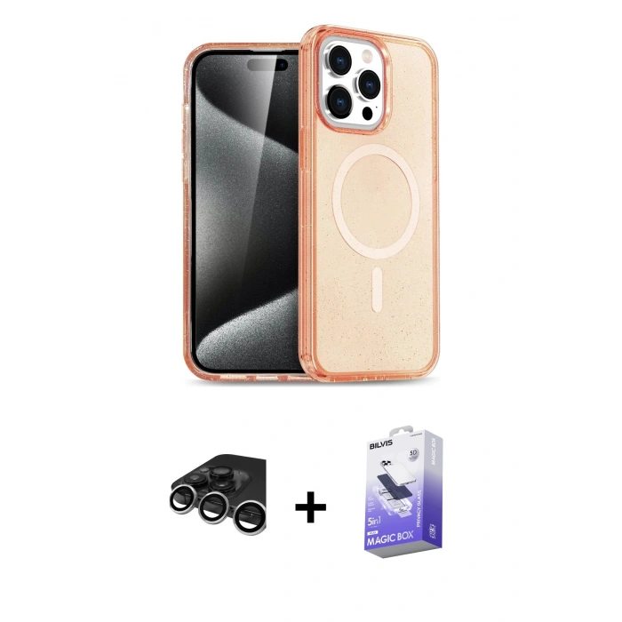 MARSİLYAN™- iPhone 15 Pro Max Kılıf Eksen Doku Koleksiyonu - Siyah Bilvis 5in1 5D Magic Hayalet Cam Ekran Koruyucu + Raze Metal Kamera Lens - GS