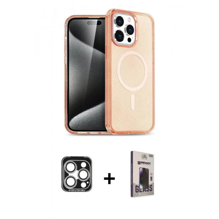 MARSİLYAN™- iPhone 15 Pro Max Kılıf Eksen Doku Koleksiyonu - Siyah Bilvis Hayalet Cam Ekran Koruyucu + PVD Metal Kamera Lens - GS