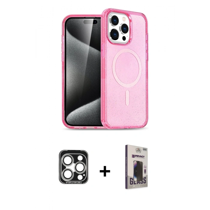 MARSİLYAN™- iPhone 15 Pro Max Kılıf Eksen Doku Koleksiyonu - Siyah Bilvis Hayalet Cam Ekran Koruyucu + PVD Metal Kamera Lens - GS