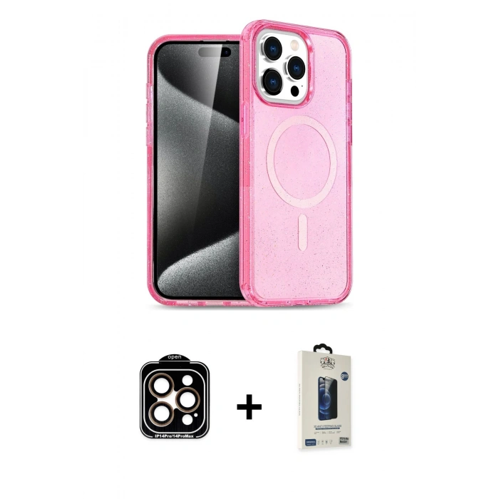 MARSİLYAN™- iPhone 15 Pro Max Kılıf Eksen Doku Koleksiyonu - Siyah Bilvis Hayalet Cam Ekran Koruyucu + PVD Metal Kamera Lens - TU