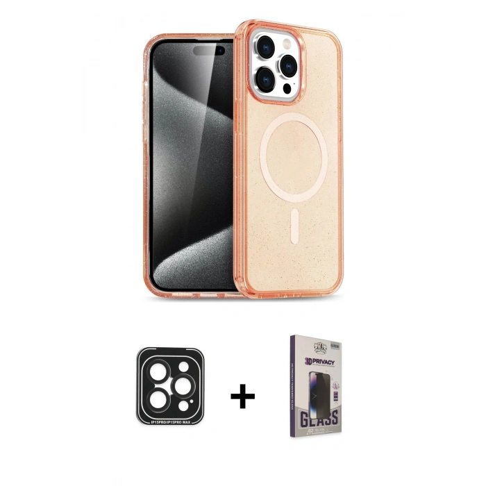 MARSİLYAN™- iPhone 15 Pro Max Kılıf Eksen Doku Koleksiyonu - Siyah Bilvis Hayalet Cam Ekran Koruyucu + PVD Metal Kamera Lens - SH