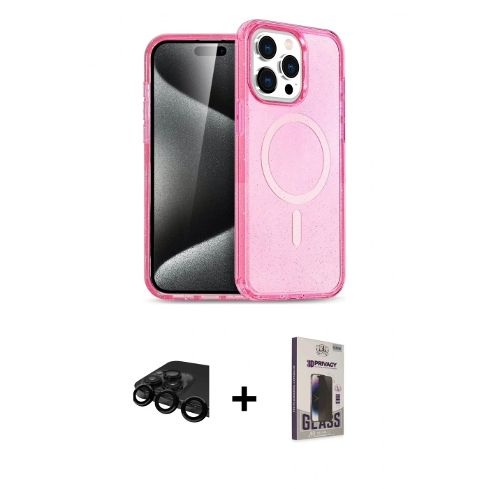 MARSİLYAN™- iPhone 15 Pro Max Kılıf Eksen Doku Koleksiyonu - Siyah Bilvis Hayalet Cam Ekran Koruyucu + Raze Metal Kamera Lens - SH