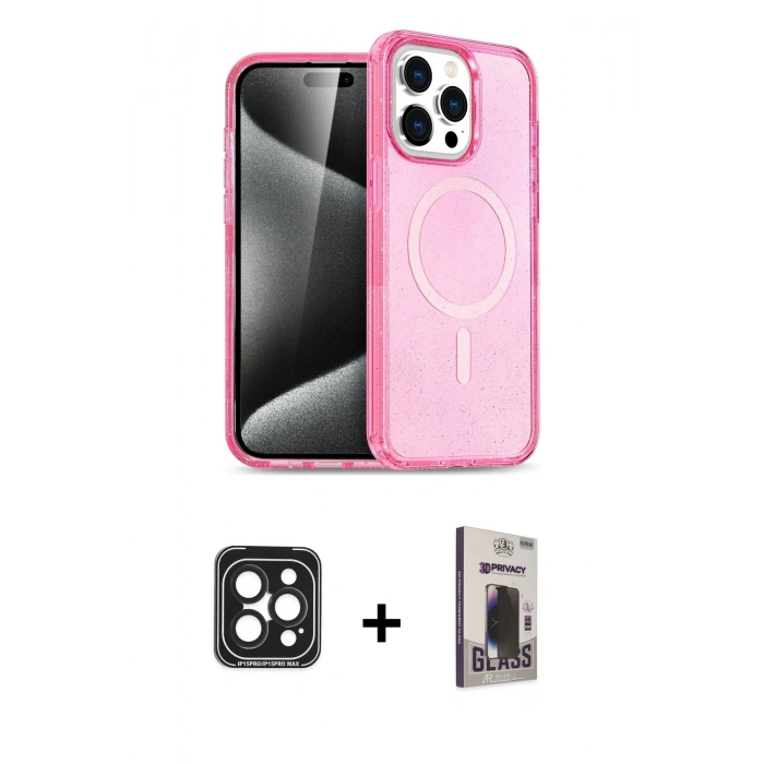 MARSİLYAN™- iPhone 15 Pro Max Kılıf Eksen Doku Koleksiyonu - Siyah Bilvis Hayalet Cam Ekran Koruyucu + PVD Metal Kamera Lens - SH