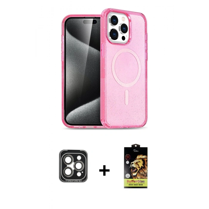 MARSİLYAN™- iPhone 15 Pro Max Kılıf Eksen Doku Koleksiyonu - Siyah Buffer Cam Ekran Koruyucu + PVD Metal Kamera Lens - GI