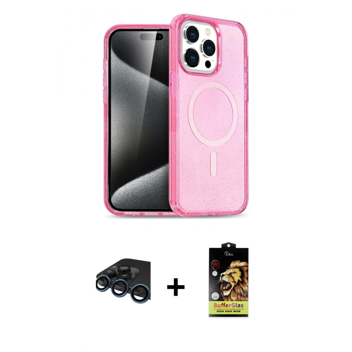 MARSİLYAN™- iPhone 15 Pro Max Kılıf Eksen Doku Koleksiyonu - Siyah Buffer Cam Ekran Koruyucu + Raze Metal Kamera Lens - LT