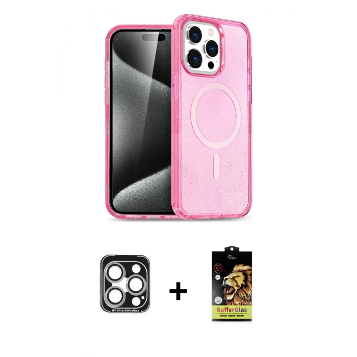 MARSİLYAN™- iPhone 15 Pro Max Kılıf Eksen Doku Koleksiyonu - Siyah Buffer Cam Ekran Koruyucu + PVD Metal Kamera Lens - GS
