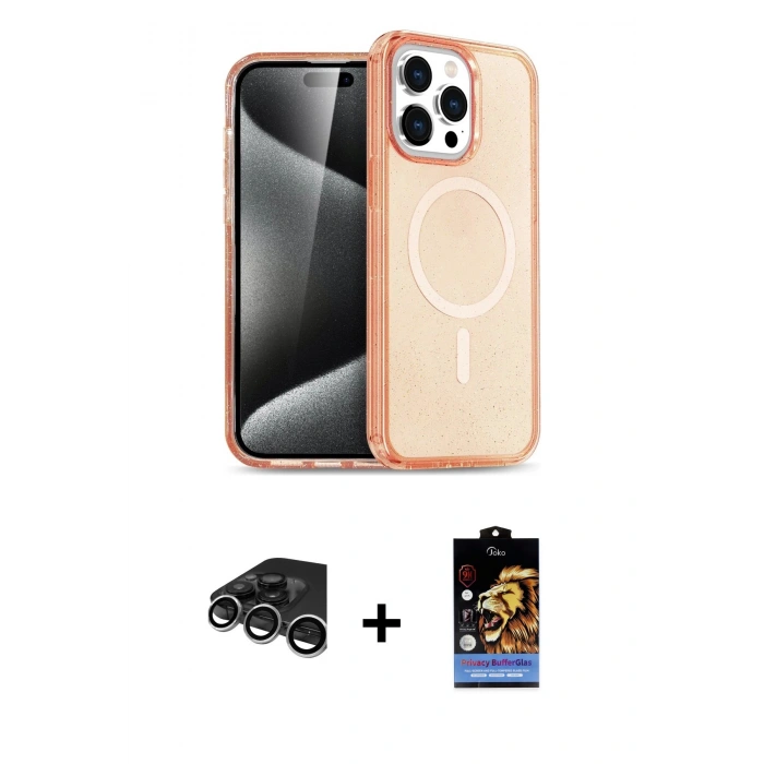MARSİLYAN™- iPhone 15 Pro Max Kılıf Eksen Doku Koleksiyonu - Siyah Buffer Hayalet Cam Ekran Koruyucu + Gümüş Raze Metal Kamera Lens