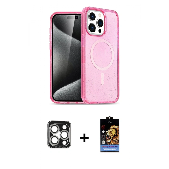 MARSİLYAN™- iPhone 15 Pro Max Kılıf Eksen Doku Koleksiyonu - Siyah Buffer Hayalet Cam Ekran Koruyucu + PVD Metal Kamera Lens - GS