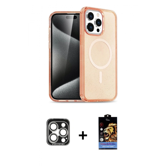 MARSİLYAN™- iPhone 15 Pro Max Kılıf Eksen Doku Koleksiyonu - Siyah Buffer Hayalet Cam Ekran Koruyucu + PVD Metal Kamera Lens - GS