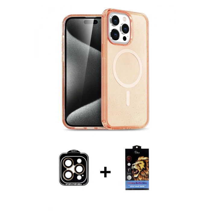 MARSİLYAN™- iPhone 15 Pro Max Kılıf Eksen Doku Koleksiyonu - Siyah Buffer Hayalet Cam Ekran Koruyucu + PVD Metal Kamera Lens - TU