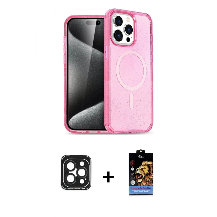 MARSİLYAN™- iPhone 15 Pro Max Kılıf Eksen Doku Koleksiyonu - Siyah Buffer Hayalet Cam Ekran Koruyucu + PVD Metal Kamera Lens - SH