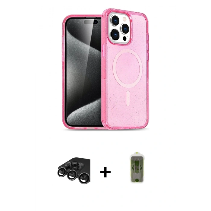 MARSİLYAN™- iPhone 15 Pro Max Kılıf Eksen Doku Koleksiyonu - Siyah Joko Magic 5D Hayalet Cam + Raze Metal Kamera Lens - TMGI