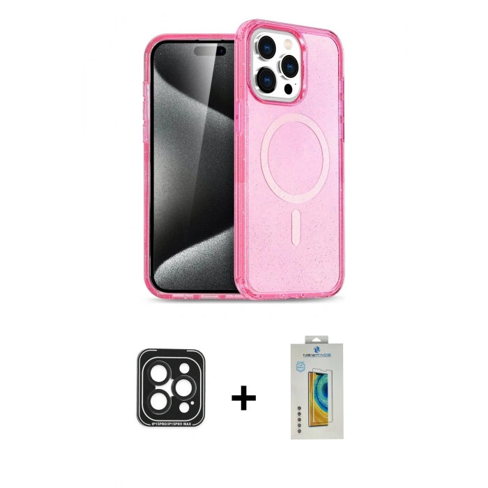 MARSİLYAN™- iPhone 15 Pro Max Kılıf Eksen Doku Koleksiyonu - Siyah Polymer Nano Ekran Koruyucu + PVD Metal Kamera Lens - SH