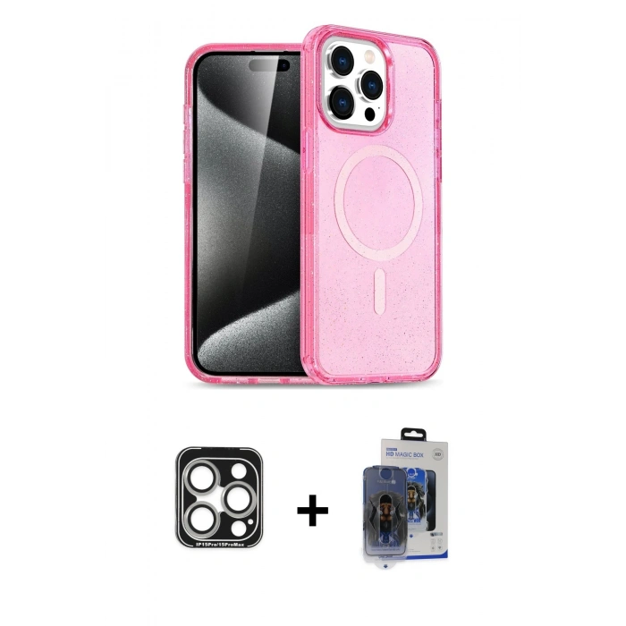 MARSİLYAN™- iPhone 15 Pro Max Kılıf Eksen Doku Koleksiyonu - Siyah Vanessa Magic Cam + Gümüş PVD Metal Kamera Lens