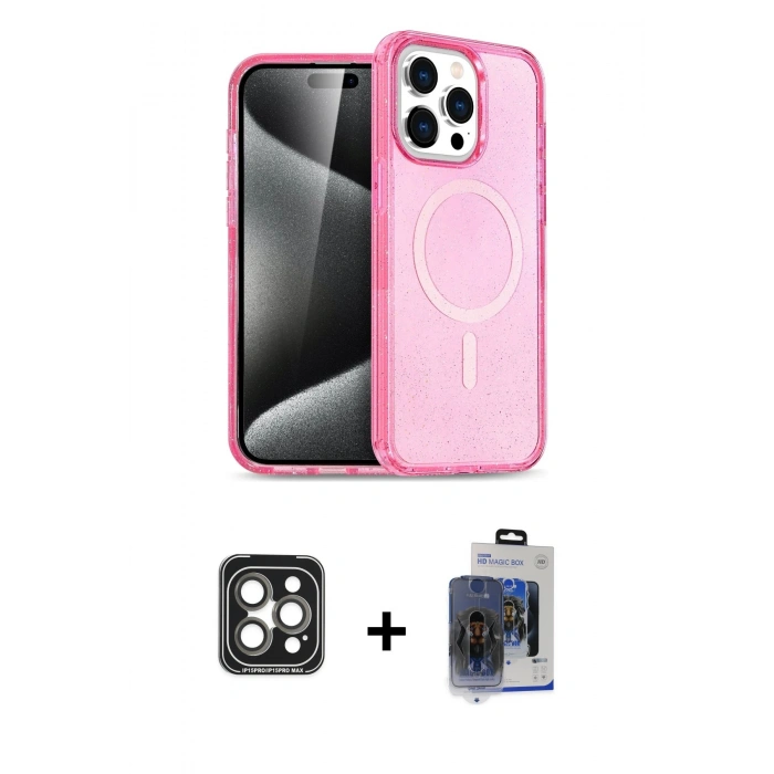 MARSİLYAN™- iPhone 15 Pro Max Kılıf Eksen Doku Koleksiyonu - Siyah Vanessa Magic Cam + PVD Metal Kamera Lens - GI