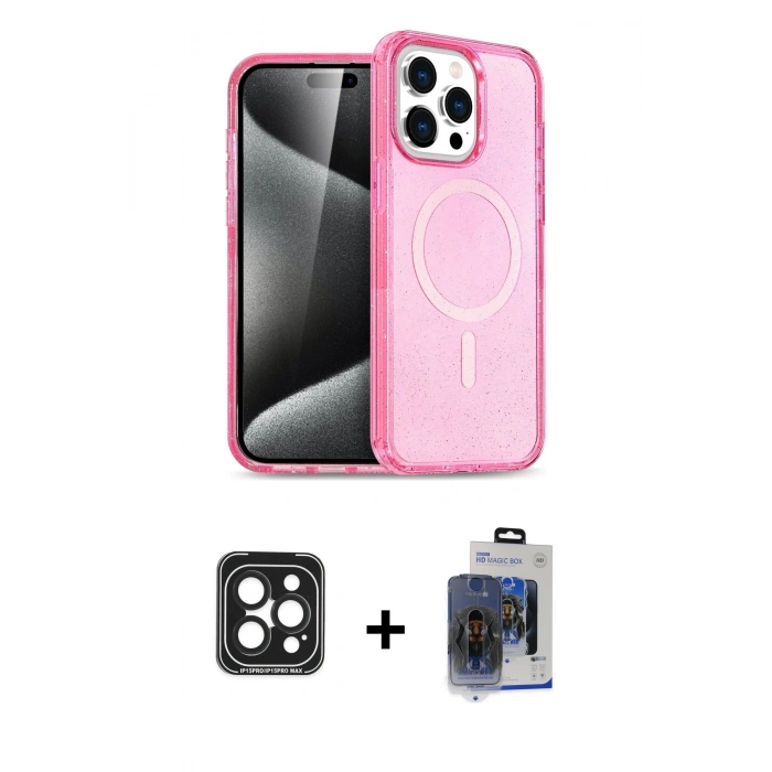 MARSİLYAN™- iPhone 15 Pro Max Kılıf Eksen Doku Koleksiyonu - Siyah Vanessa Magic Cam + PVD Metal Kamera Lens - SH