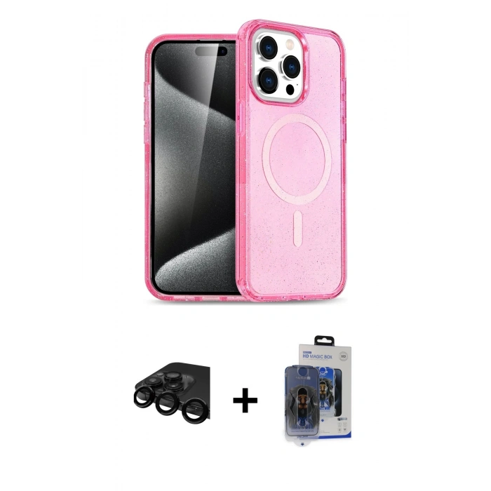MARSİLYAN™- iPhone 15 Pro Max Kılıf Eksen Doku Koleksiyonu - Siyah Vanessa Magic Cam + Raze Metal Kamera Lens - SH