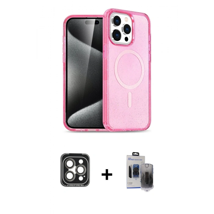 MARSİLYAN™- iPhone 15 Pro Max Kılıf Eksen Doku Koleksiyonu - Siyah Vanessa Magic Hayalet Cam + PVD Metal Kamera Lens - GI