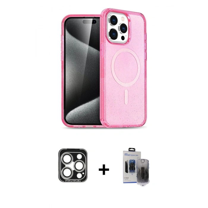 MARSİLYAN™- iPhone 15 Pro Max Kılıf Eksen Doku Koleksiyonu - Siyah Vanessa Magic Hayalet Cam + PVD Metal Kamera Lens - GS