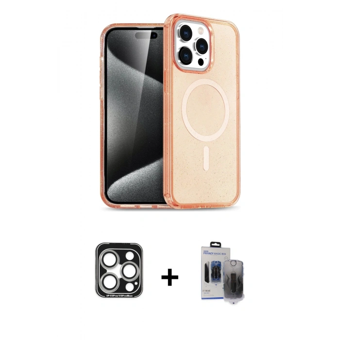 MARSİLYAN™- iPhone 15 Pro Max Kılıf Eksen Doku Koleksiyonu - Siyah Vanessa Magic Hayalet Cam + PVD Metal Kamera Lens - GS