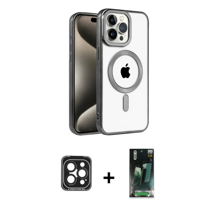 MARSİLYAN™- iPhone 15 Pro Max Kılıf Eksen Form Koleksiyonu - Şeffaf 360 Full Body Arka Koruyucu + PVD Metal Kamera Lens - SH