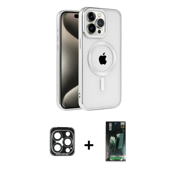 MARSİLYAN™- iPhone 15 Pro Max Kılıf Eksen Form Koleksiyonu - Şeffaf 360 Full Body Arka Koruyucu + PVD Metal Kamera Lens - LT
