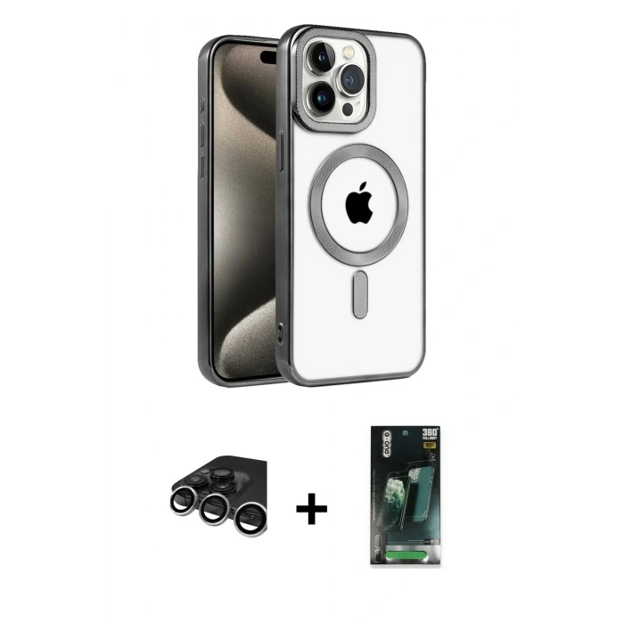 MARSİLYAN™- iPhone 15 Pro Max Kılıf Eksen Form Koleksiyonu - Şeffaf 360 Full Body Arka Koruyucu + Raze Metal Kamera Lens - GS