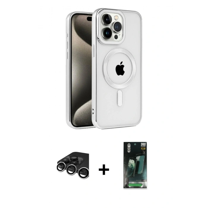 MARSİLYAN™- iPhone 15 Pro Max Kılıf Eksen Form Koleksiyonu - Şeffaf 360 Full Body Arka Koruyucu + Raze Metal Kamera Lens - GS