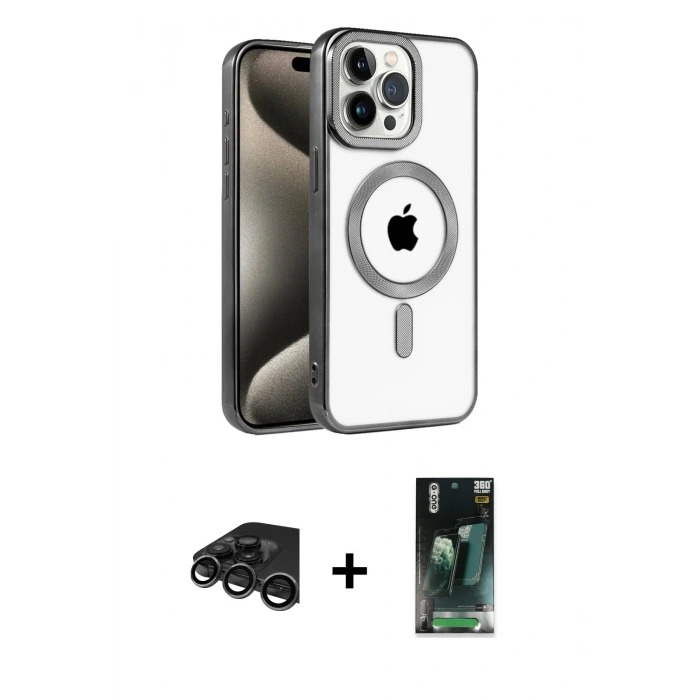 MARSİLYAN™- iPhone 15 Pro Max Kılıf Eksen Form Koleksiyonu - Şeffaf 360 Full Body Arka Koruyucu + Raze Metal Kamera Lens - TMGI