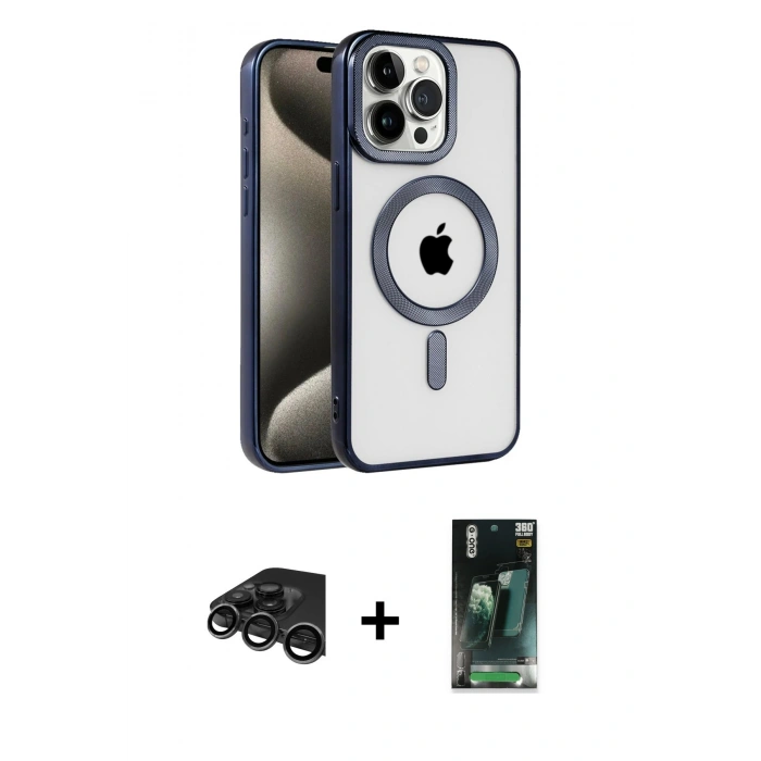 MARSİLYAN™- iPhone 15 Pro Max Kılıf Eksen Form Koleksiyonu - Şeffaf 360 Full Body Arka Koruyucu + Raze Metal Kamera Lens - TMGI