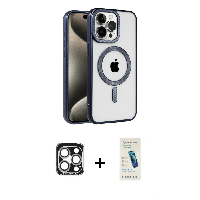 MARSİLYAN™- iPhone 15 Pro Max Kılıf Eksen Form Koleksiyonu - Şeffaf Pasifik Cam Ekran Koruyucu + Gümüş PVD Metal Kamera Lens