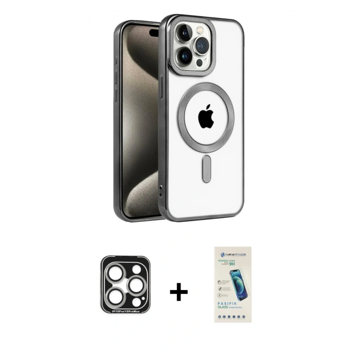 MARSİLYAN™- iPhone 15 Pro Max Kılıf Eksen Form Koleksiyonu - Şeffaf Pasifik Cam Ekran Koruyucu + Gümüş PVD Metal Kamera Lens