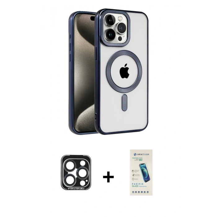 MARSİLYAN™- iPhone 15 Pro Max Kılıf Eksen Form Koleksiyonu - Şeffaf Pasifik Cam Ekran Koruyucu + PVD Metal Kamera Lens - LT