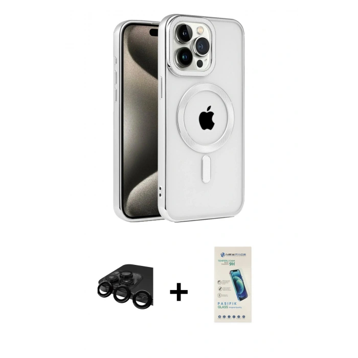 MARSİLYAN™- iPhone 15 Pro Max Kılıf Eksen Form Koleksiyonu - Şeffaf Pasifik Cam Ekran Koruyucu + Raze Metal Kamera Lens - SH