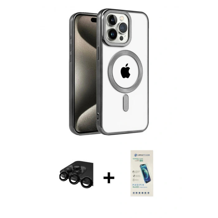 MARSİLYAN™- iPhone 15 Pro Max Kılıf Eksen Form Koleksiyonu - Şeffaf Pasifik Cam Ekran Koruyucu + Raze Metal Kamera Lens - SH